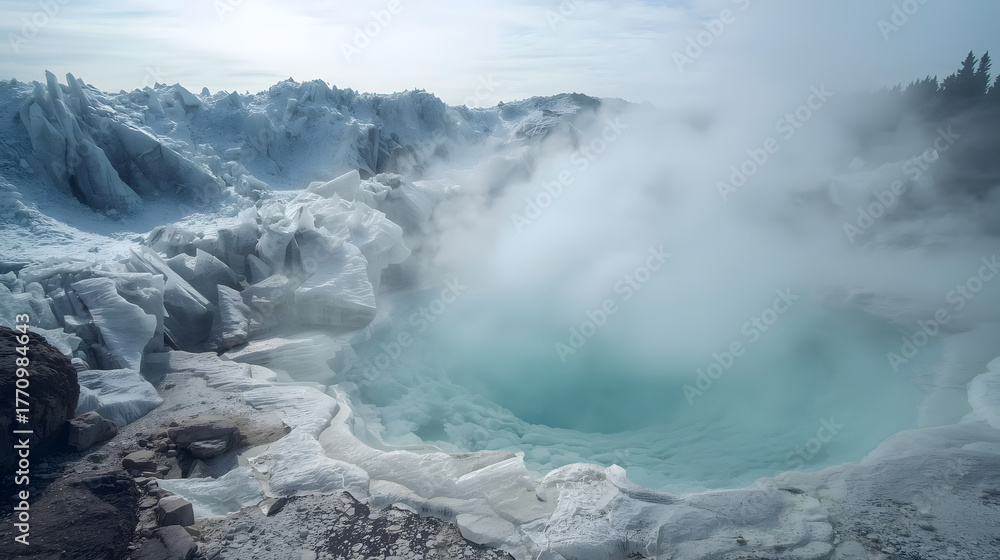 Obraz premium Striking Contrast: Steam Rises from Hot Springs Against Icy Landscape