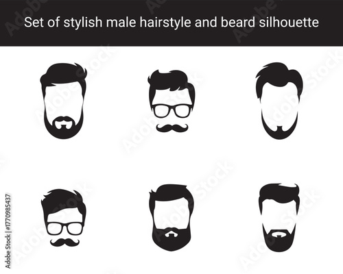 Collection of Stylish Male Hairstyle and Beard Silhouettes – Modern Haircuts, Mustaches, and Bearded Faces Icons for Barbershop and Men’s Grooming Design