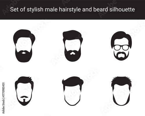 Collection of Stylish Male Hairstyle and Beard Silhouettes – Modern Haircuts, Mustaches, and Bearded Faces Icons for Barbershop and Men’s Grooming Design