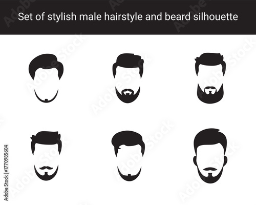 Collection of Stylish Male Hairstyle and Beard Silhouettes – Modern Haircuts, Mustaches, and Bearded Faces Icons for Barbershop and Men’s Grooming Design