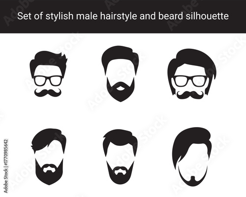 Collection of Stylish Male Hairstyle and Beard Silhouettes – Modern Haircuts, Mustaches, and Bearded Faces Icons for Barbershop and Men’s Grooming Design