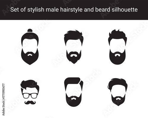Collection of Stylish Male Hairstyle and Beard Silhouettes – Modern Haircuts, Mustaches, and Bearded Faces Icons for Barbershop and Men’s Grooming Design
