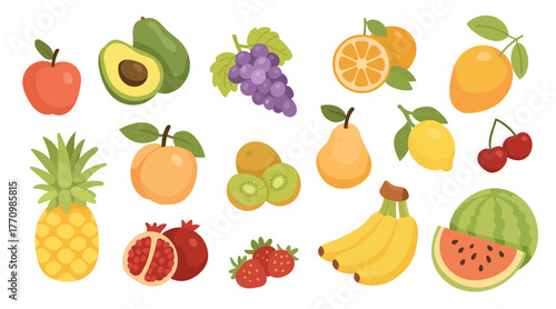 Colorful fruit collection featuring apple, banana, watermelon, pineapple, orange, pear, grape, mango, avocado, lemon, peach, kiwi, strawberry, cherry, and pomegranate, perfect for healthy lifestyle