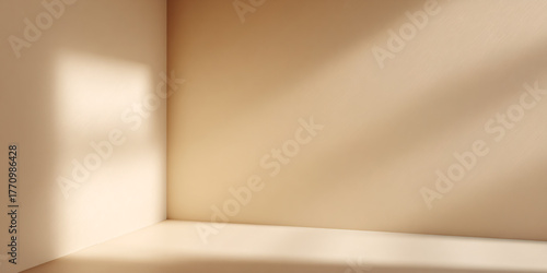 Minimalist beige room corner with natural light and shadow play, creating a serene and modern interior space for product display or architectural visualization