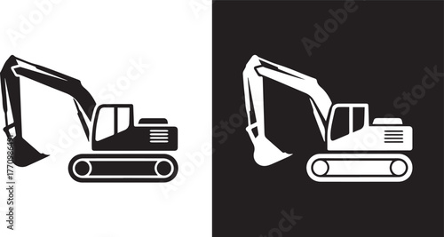 excavator contrasting black white icon tracked arm bucket graphic vector