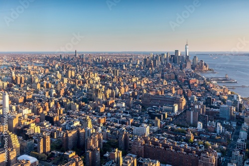 New York City, USA - April 30, 2025: New York City skyline. Aerial View from the Edge tower at sunset