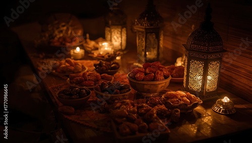 Fototapeta Naklejka Na Ścianę i Meble -  Table laden with dates and dried fruits for iftar during ramadan, illuminated by lanterns