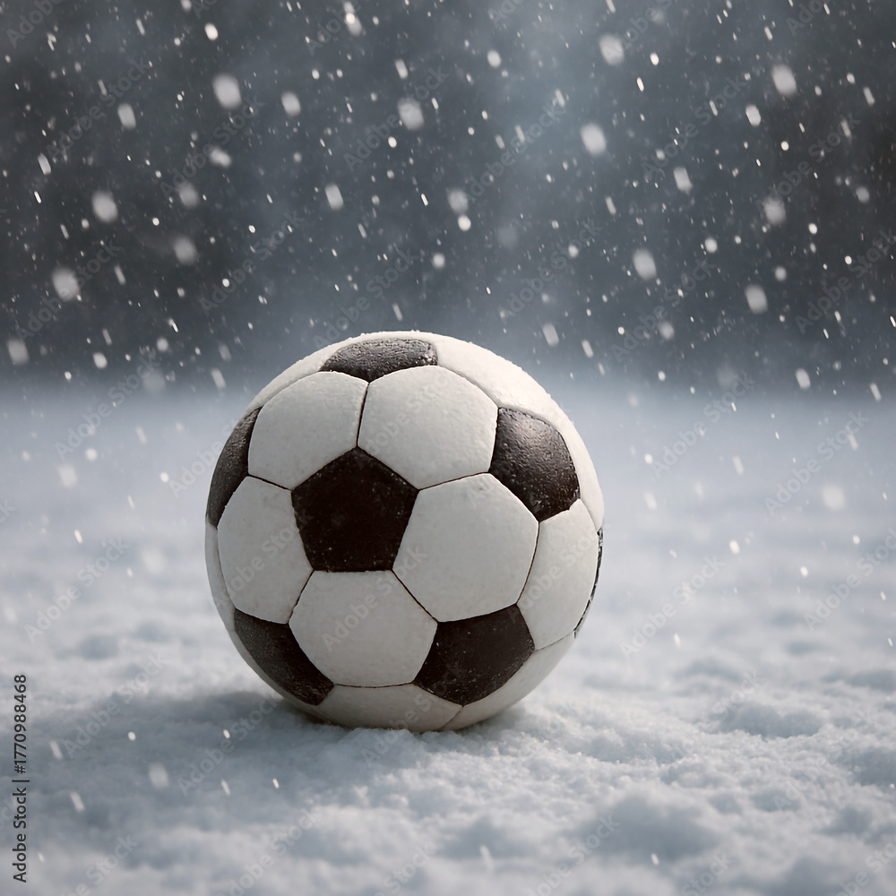 Fototapeta premium Classic Soccer Ball Resting on Snow During a Winter Snowfall