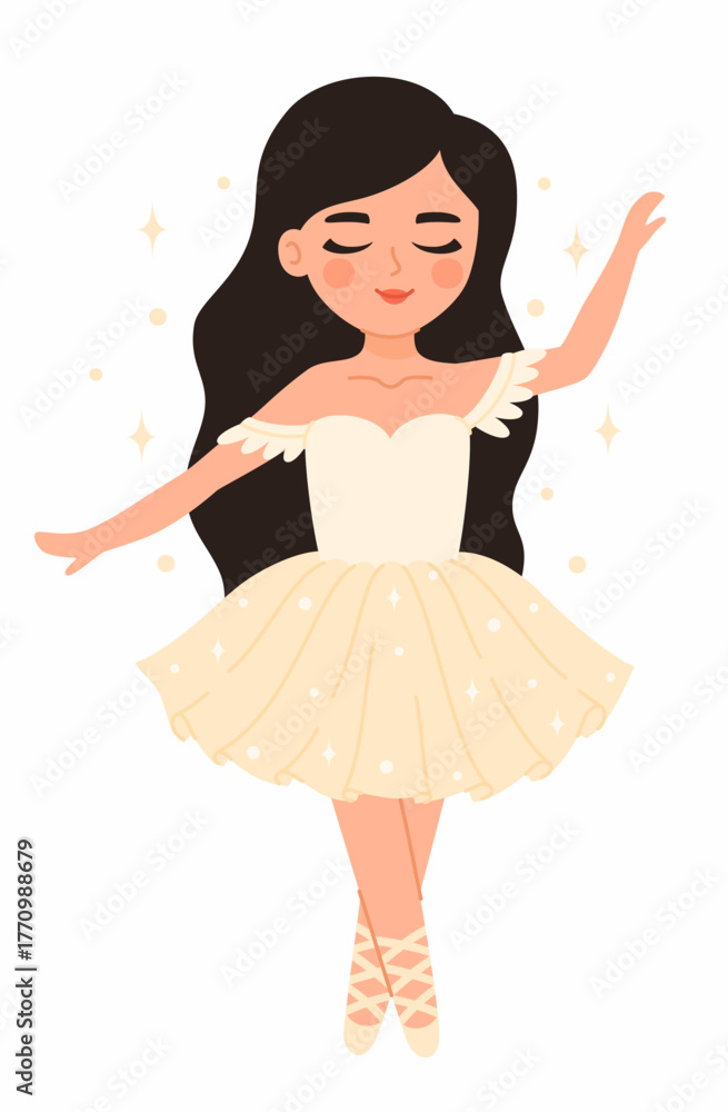 Naklejka premium Dancing princess ballerina in a white dress. Flat vector illustration.