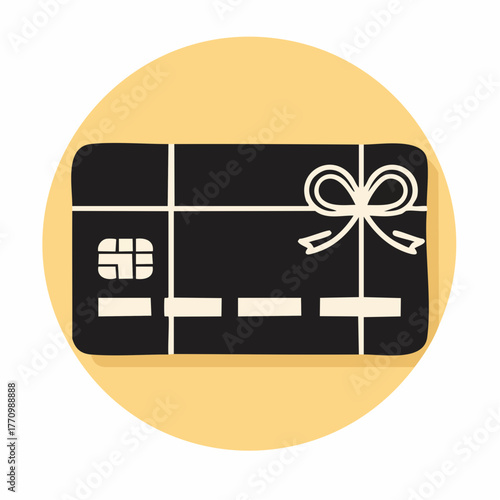 Black gift card icon with ribbon presented on yellow circle