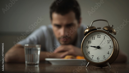 Man looking at an alarm clock on a table with a glass of water and a plate of food, waiting for mealtime