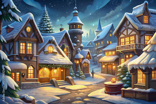 Old town square covered in snow with glowing street lights and cozy shop