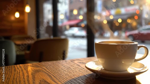 Coffee Cup on Empty Wooden Table in Cafe with Street View