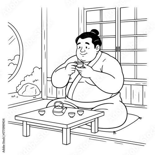Sumo wrestler sipping tea in teahouse, simple peaceful coloring page for toddlers generative ai