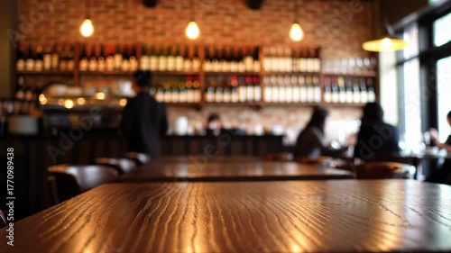 Angled View of Empty Dark Wooden Table in Stylish Cafe