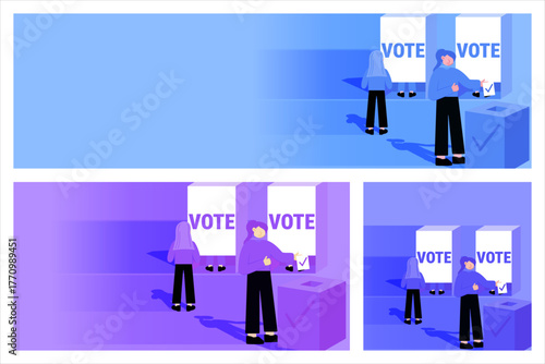 Modern illustration showing characters casting their votes at polling booths, representing election participation, civic engagement, and the democratic voting process.