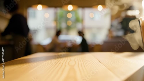 Wooden Table with Blurred Cafe Interior and Window View