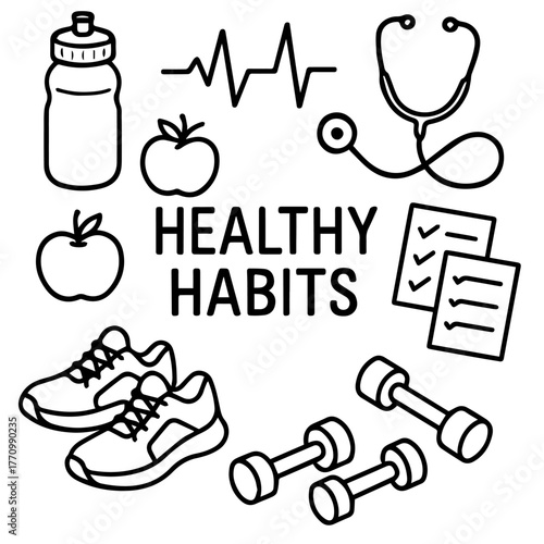 Hand-drawn doodles of water bottle, heartbeat, stethoscope, apples, sneakers