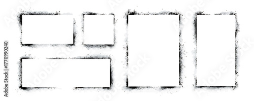 Grunge graffiti stencil frames with spray paint borders. Black vector rectangles and squares. Airbrushing paint banners, splatter ink shapes. Places for text or pictures. Graffiti spraypaint element