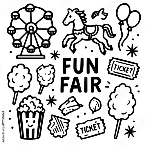 Hand-drawn doodles of ferris wheel, carousel horse, tickets, popcorn, cotton candy