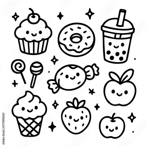 Hand-drawn cute doodles of smiling cupcakes, boba tea, donuts, candy