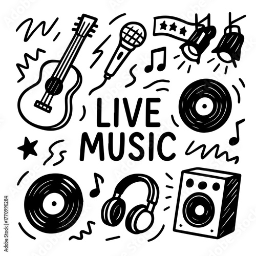 Hand-drawn doodles of guitars, microphones, speakers, vinyl, headphones