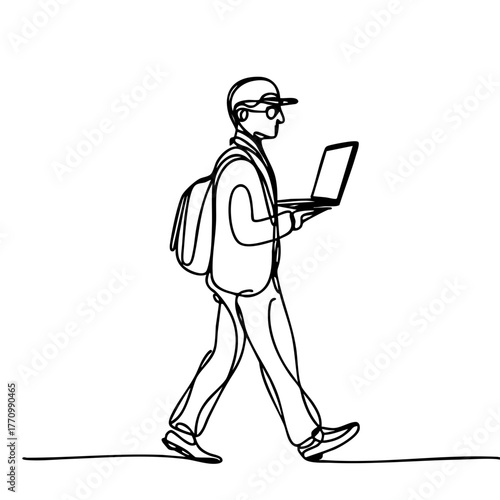 Business traveler walking confidently with laptop in hand, minimalistic one-line art style, abstract black and white, representing modern work culture and inspiration, concept of design.
