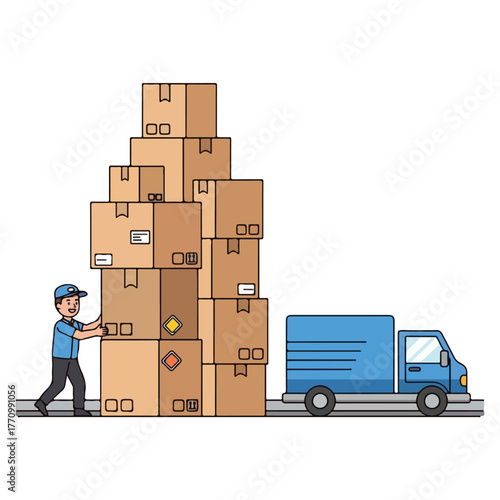 Delivery service worker pushing a large stack of cardboard boxes