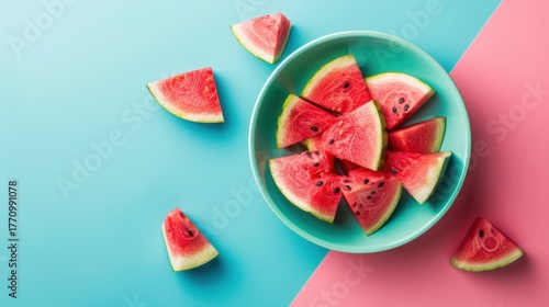 Refreshing watermelon slices serving in a bowl on a dual tone blue and pink background