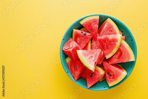 Watermelon slices in turquoise bowl on yellow background
