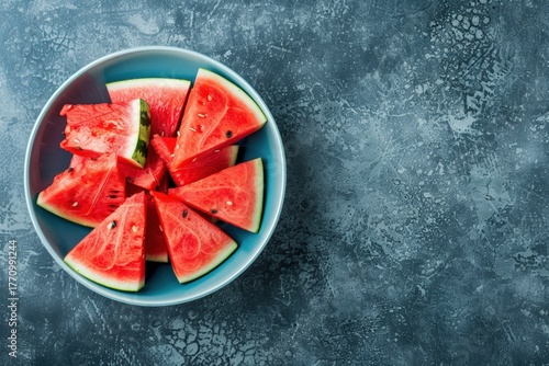 Sliced watermelon pieces are in a blue bowl on a textured gray background, offering a healthy snack
