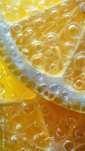 Refreshing lemon slice sparkling with rising bubbles creating a vibrant background texture
