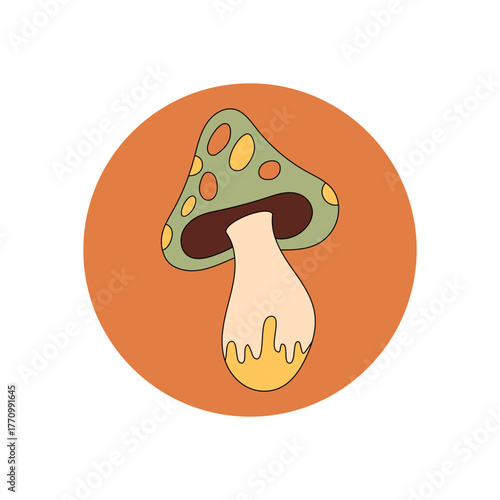 Groovy retro mushroom sticker in cartoon graphic style decorates a round orange circle. Shroom emblem acts as seal for lid and package, y2k product badge for playful uses.