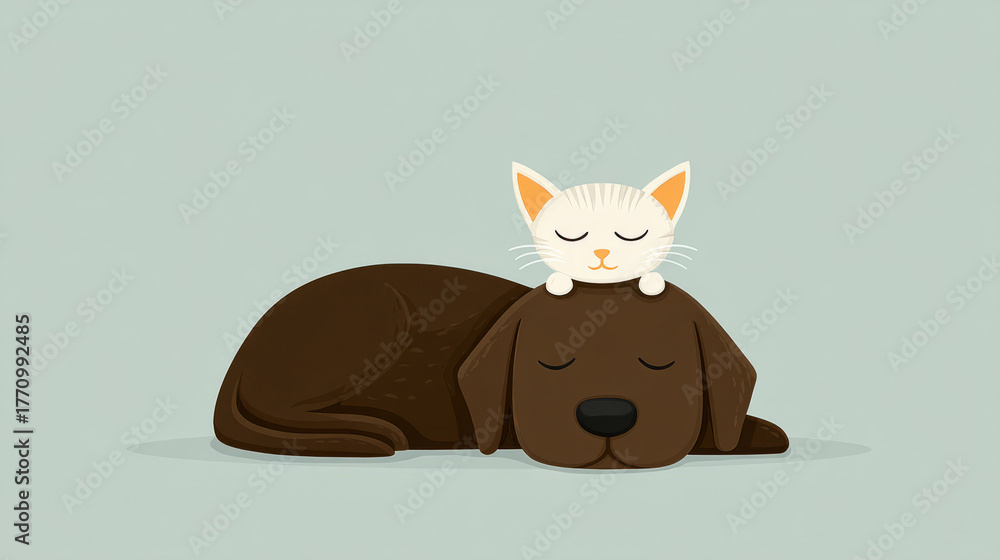 Obraz premium Unlikely friendships: minimalist illustration of a cat and dog napping together