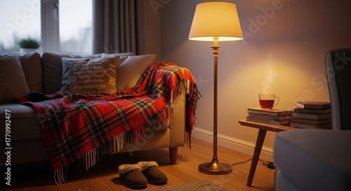 Cozy living room with warm lighting and comfortable decor