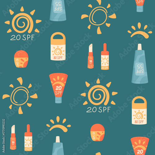 Flat sunscreen bottle seamless pattern background. Sunblock tube, cream, and spray with spf bottle. Summer sun, seamless background, flat style for sun protection, cosmetic and skin care design.