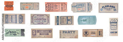 a collection of old vintage ticket isolated on white background