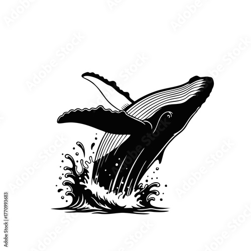 Majestic Humpback Whale Breaching A Stunning Black and White Illustration of Ocean Life