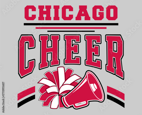 Chicago Cheerleader Illustration. Red and Black Cheerleading Pom-poms and Megaphone.