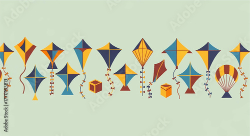 Seamless horizontal border of stylized, retro-style kites and cube shapes in navy, yellow, and red-brown on a light sage green background.