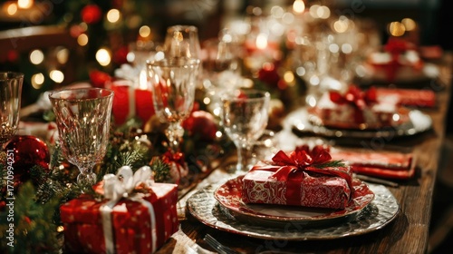 Elegant christmas table setting with festive decor and wrapped gifts