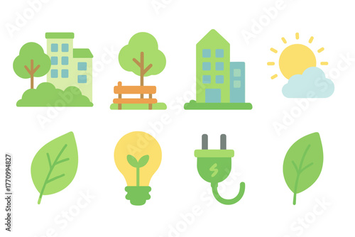 Eco-friendly energy flat icon set. Green, renewable, sustainable solutions flat icons