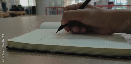 A person's hands, actively writing notes with a black pen on a blank page of a small, open notebook on a wooden table. 