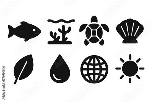 Marine life solid icon set. Ocean, nature, wildlife, creatures, aquatic illustrations.