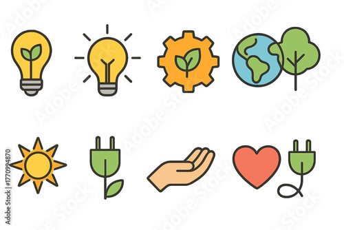 Eco, sustainable energy flat icon set. Environmental, nature, green energy icons collection