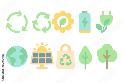 Eco-friendly, sustainability flat icon set. Green energy, environment conservation icons