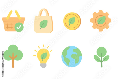 Eco-friendly, sustainability flat icon set. Green lifestyle, nature icons collection