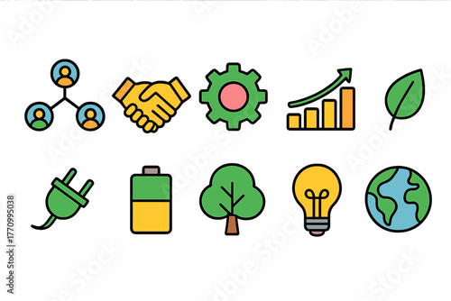 Business and eco flat icon set. Sustainable, global business icons flat collection.