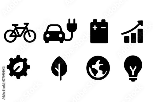 Eco-friendly transportation and energy silhouette icon set for sustainable solutions