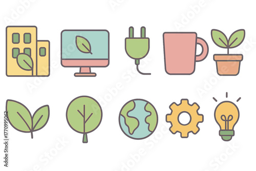Environmental, eco-friendly flat icon set. Sustainable, green lifestyle icon collection